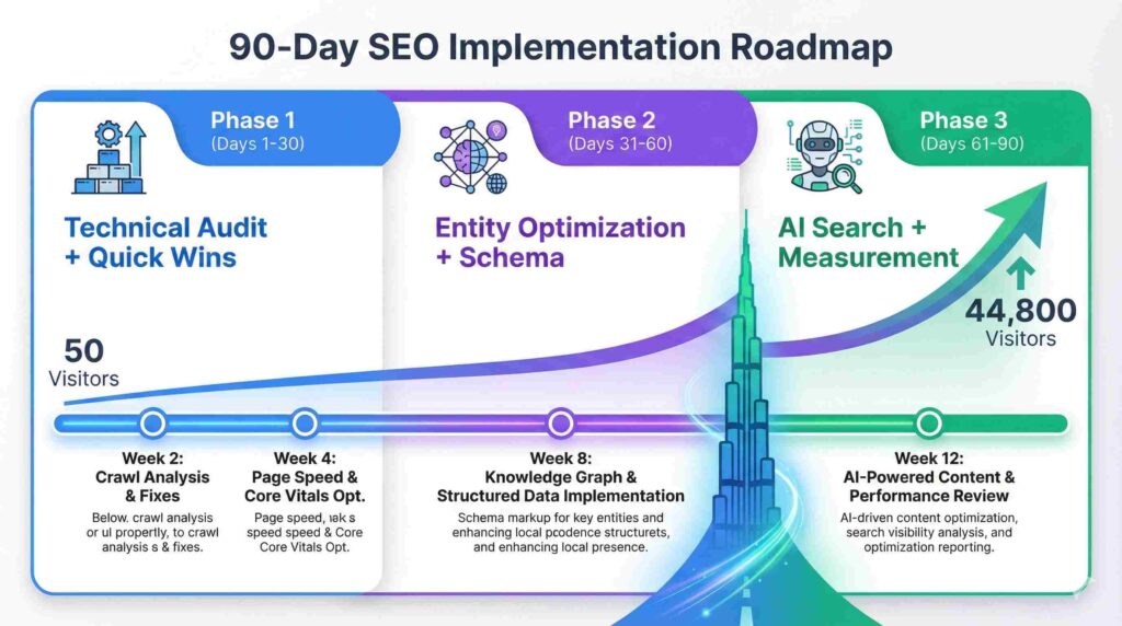 90-day entity-based SEO implementation roadmap showing three phases - foundation, entity optimization, and AI search - with traffic growth from 50 to 44,800 monthly visits timeline