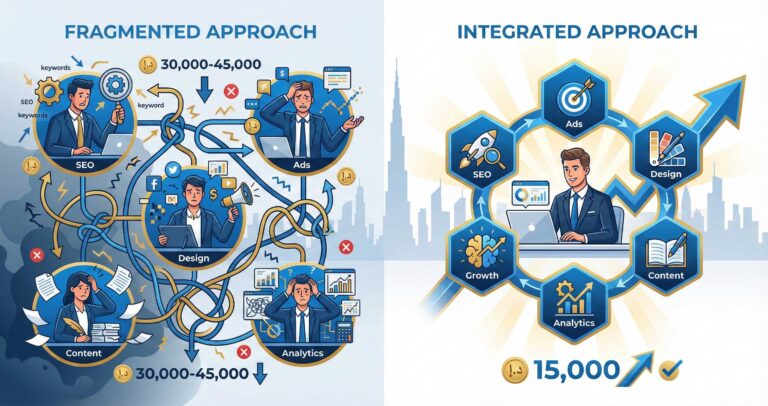 Comparison illustration showing fragmented multi-agency marketing setup costing AED 30,000+ versus integrated full-stack marketer at AED 15,000 with Dubai skyline background