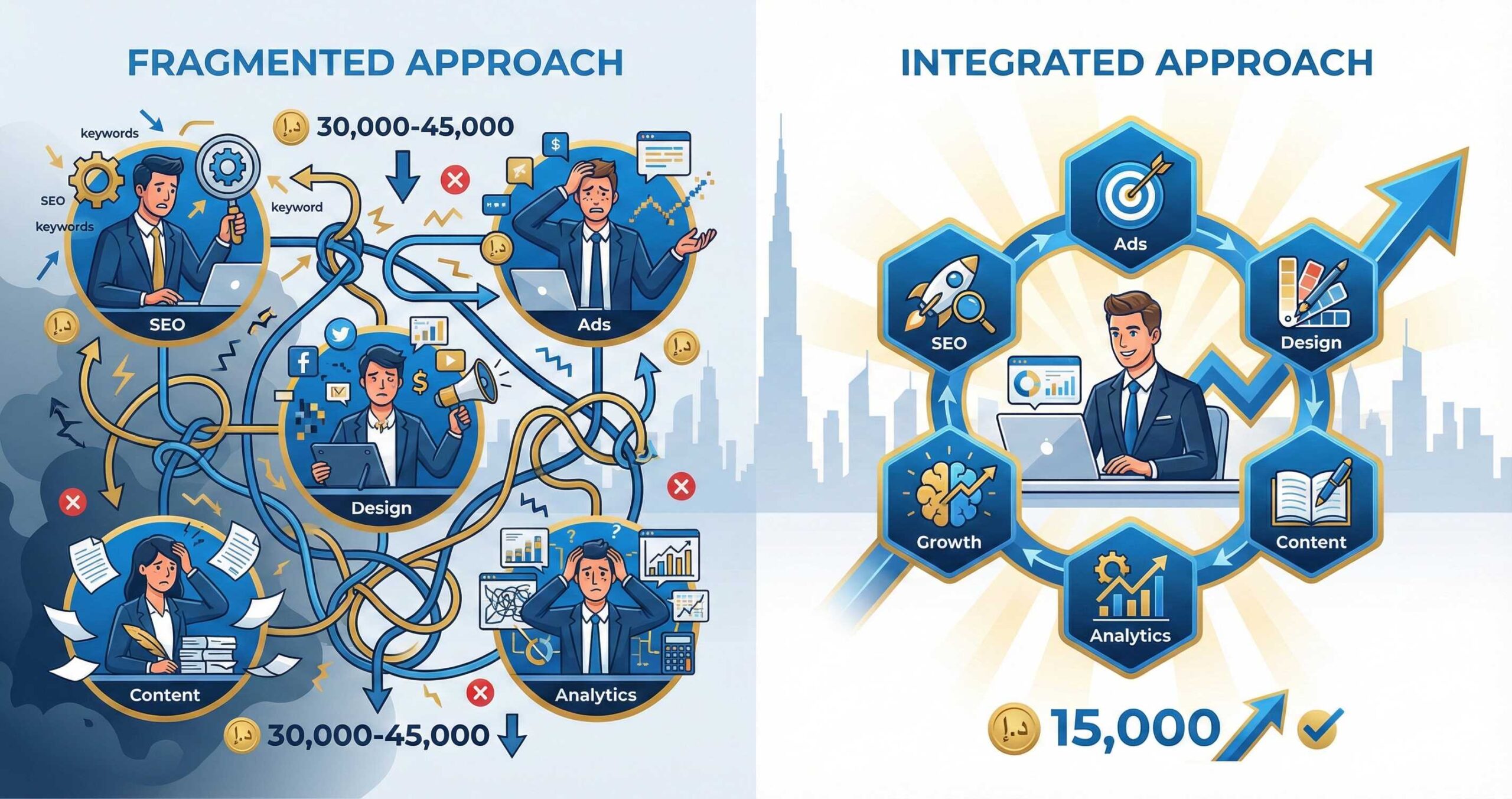 Comparison illustration showing fragmented multi-agency marketing setup costing AED 30,000+ versus integrated full-stack marketer at AED 15,000 with Dubai skyline background