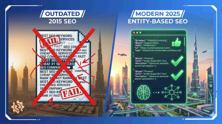 Comparison showing failed keyword-stuffed SEO versus successful entity-based SEO optimization with Dubai skyline - illustrating modern 2025 search ranking factors