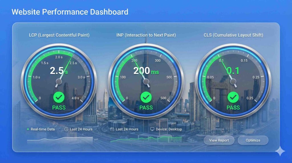 Core Web Vitals performance dashboard displaying passing scores - LCP 2.5 seconds, INP 200 milliseconds, CLS 0.1 - with Dubai Business Bay background representing optimized website speed
