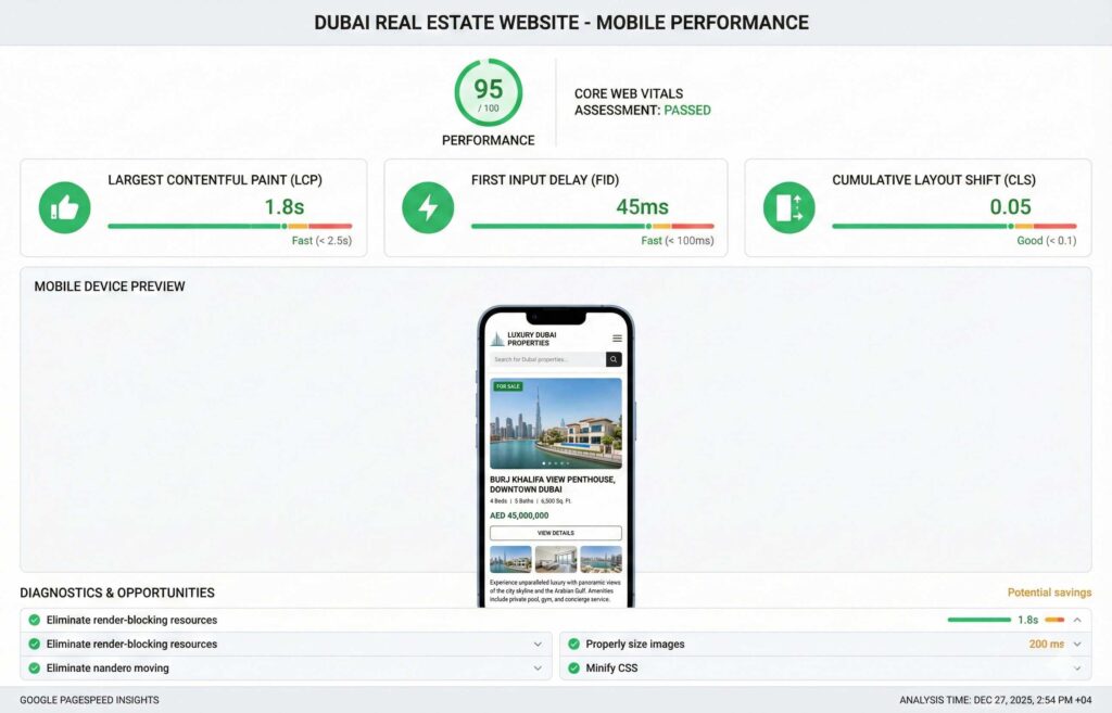 Core Web Vitals performance dashboard for Dubai property website showing optimized LCP 1.8 seconds, FID 45ms, CLS 0.05 with 95/100 performance score