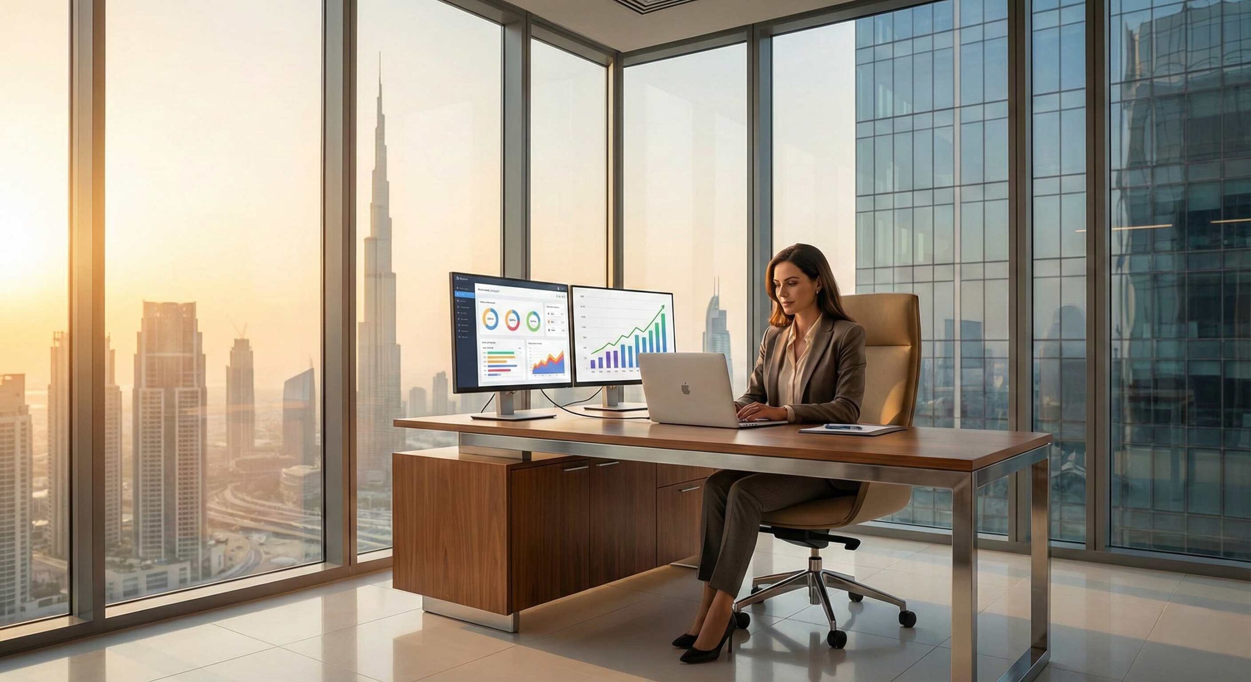 Full-stack digital marketing specialist managing integrated campaigns in Dubai office overlooking Burj Khalifa skyline