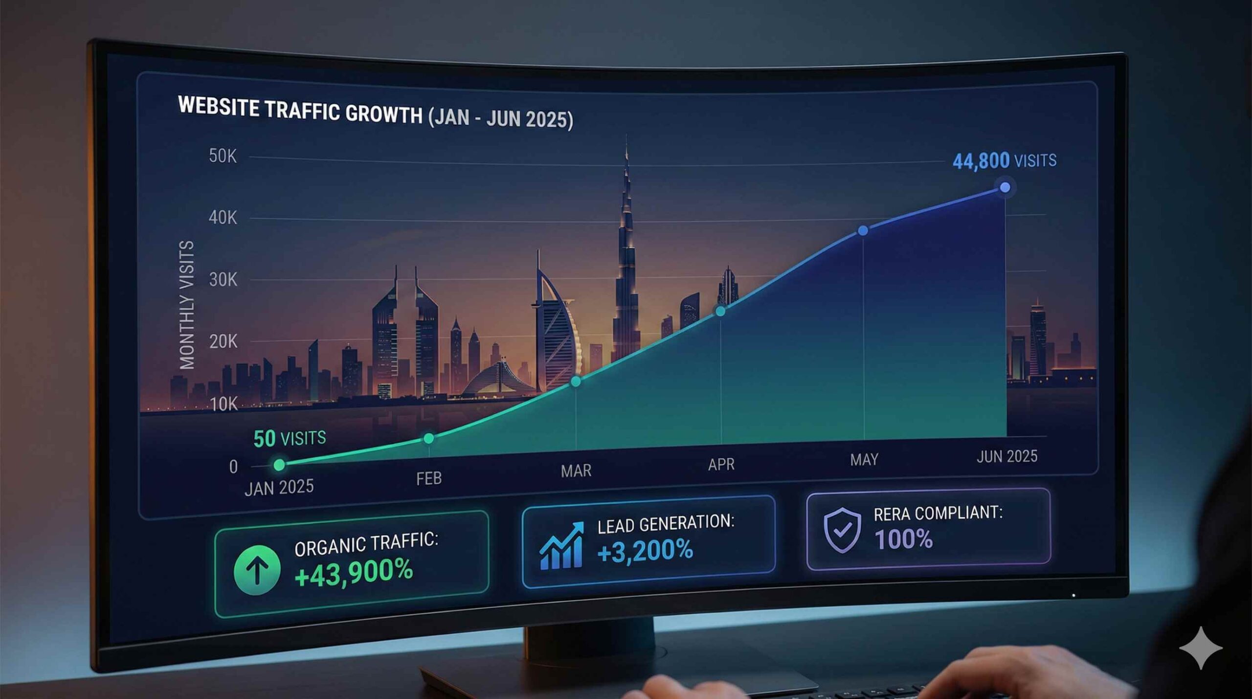 Dubai real estate agency traffic growth dashboard showing 50 to 44,800 monthly visits in 6 months through integrated SEO and paid advertising strategy