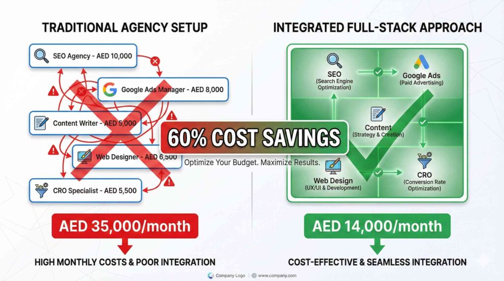 Dubai real estate marketing cost comparison showing traditional 5-agency setup at AED 35,000 monthly versus integrated full-stack approach at AED 14,000 monthly with 60% cost savings