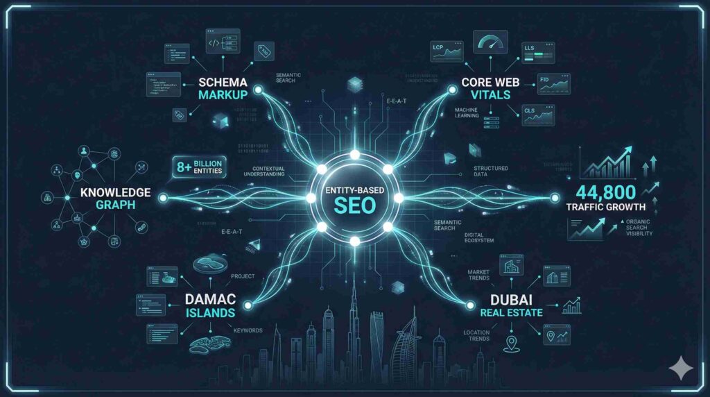 Entity-based SEO knowledge graph showing interconnected concepts including Schema markup, Core Web Vitals, and Dubai real estate entities with 8 billion entity connections

