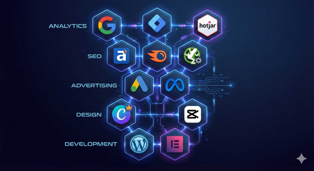 Full-stack digital marketing technology stack: Analytics, SEO, Advertising, Design, and Development tools used for Dubai campaigns
