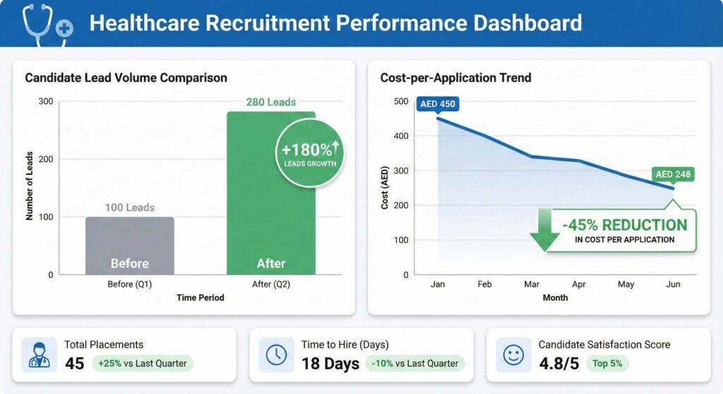 Healthcare marketing results dashboard showing 180% lead increase and 45% cost reduction for Dubai medical recruitment agency
