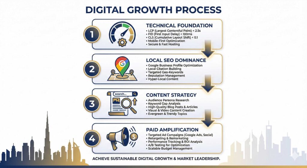 Four-step full-stack digital marketing implementation framework: Technical SEO, Local Optimization, Content Strategy, Paid Advertising