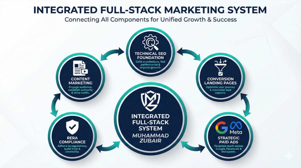 Integrated real estate marketing system diagram showing 5 components: technical SEO, landing pages, paid advertising, content marketing, and RERA compliance working together
