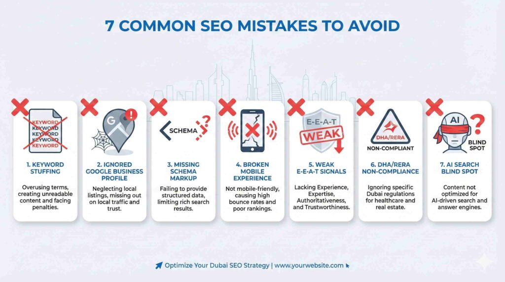 Seven deadly sins of Dubai SEO mistakes checklist including keyword stuffing, ignored local SEO, missing Schema markup, mobile optimization failure, and AI search neglect