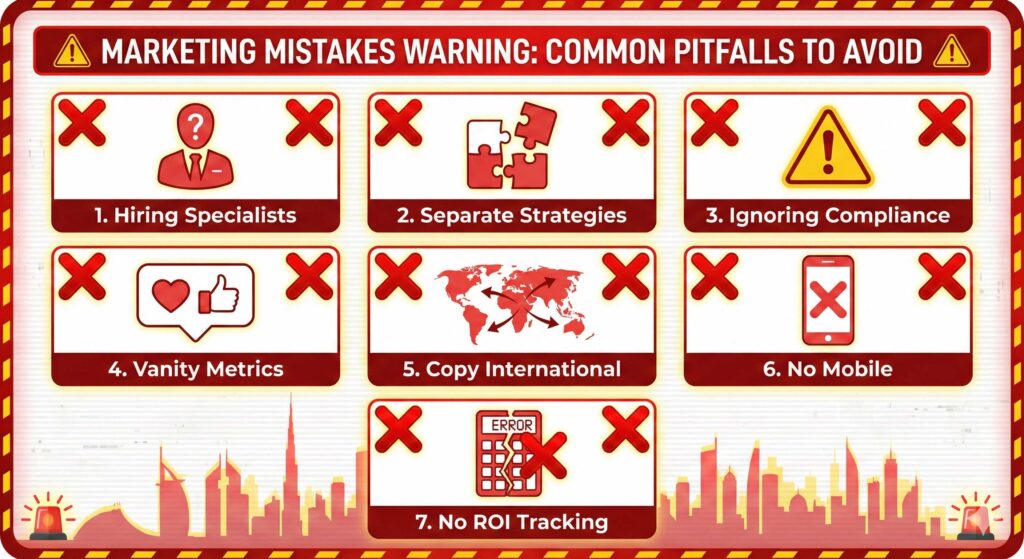 Seven critical digital marketing mistakes Dubai businesses make: specialists, fragmentation, compliance, metrics, adaptation, mobile, tracking