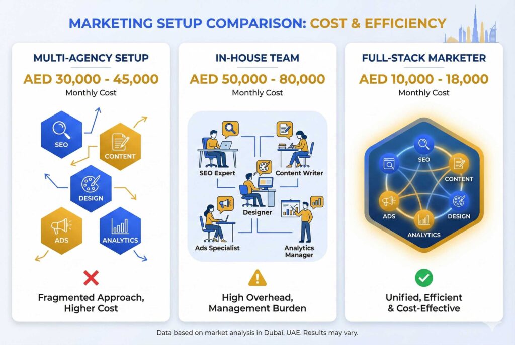 Three-column comparison showing multi-agency setup at AED 30,000-45,000, in-house team at AED 50,000-80,000, and full-stack marketer at AED 10,000-18,000 in Dubai
