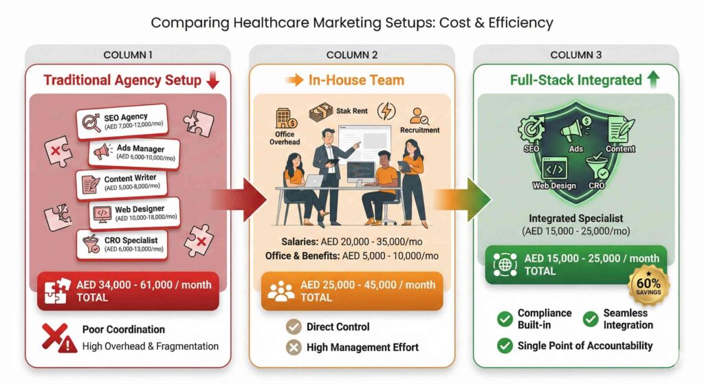 Healthcare marketing cost comparison showing traditional agency setup versus integrated full-stack approach with 60% cost savings in Dubai