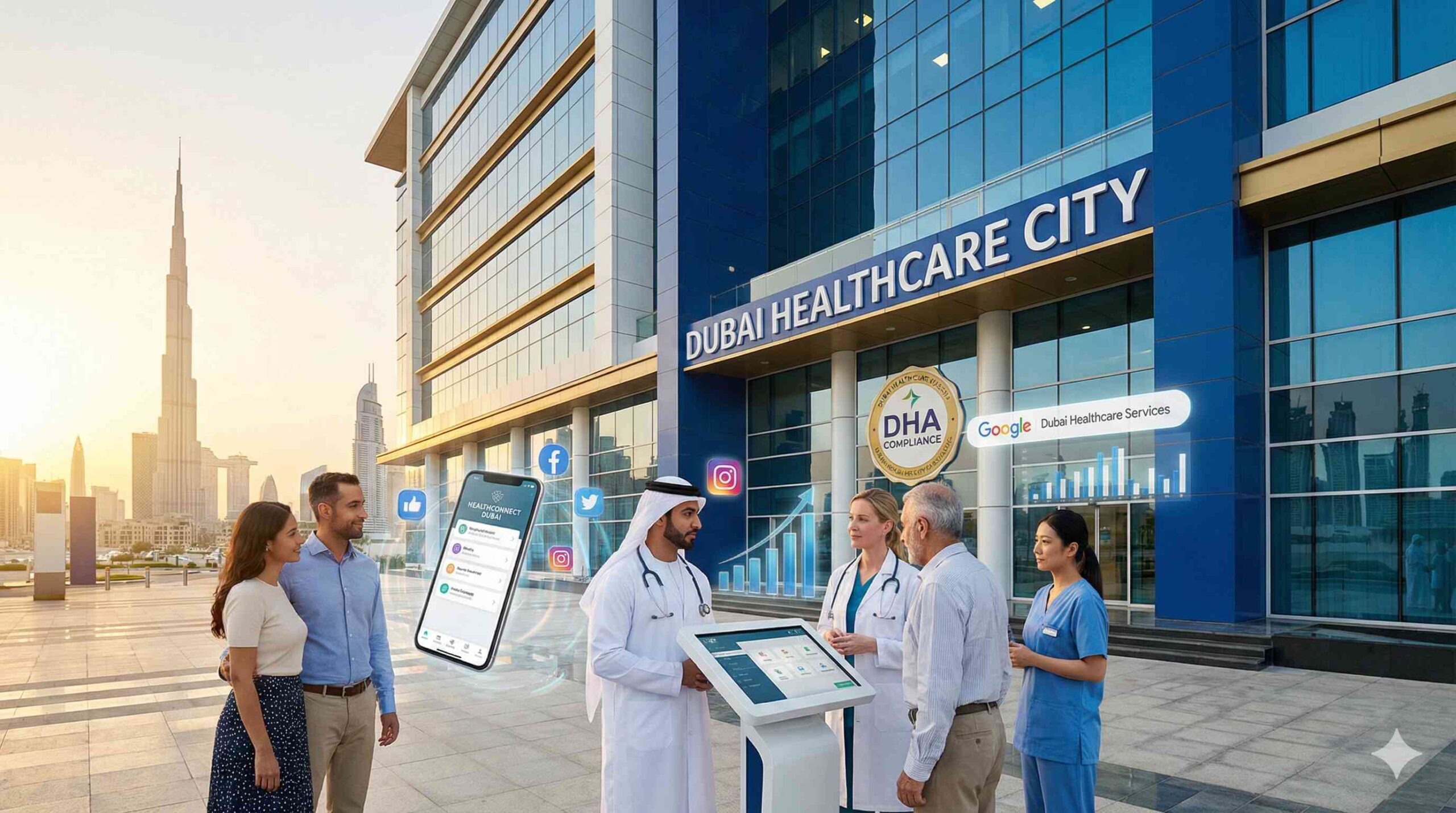 Healthcare marketing in Dubai GCC showing medical professionals and digital marketing strategy with Dubai skyline background
