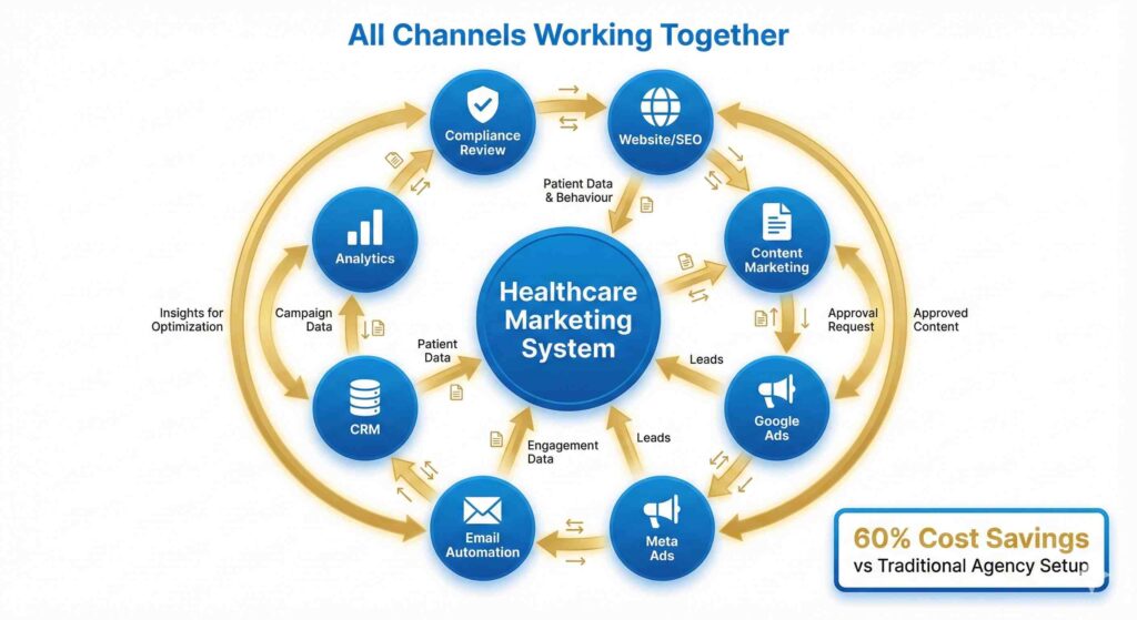 Integrated healthcare marketing system workflow diagram showing how website, ads, content, CRM and analytics work together in unified strategy