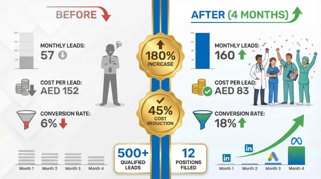 Medical recruitment marketing case study showing 180% lead increase and 45% cost reduction for Dubai healthcare staffing agency