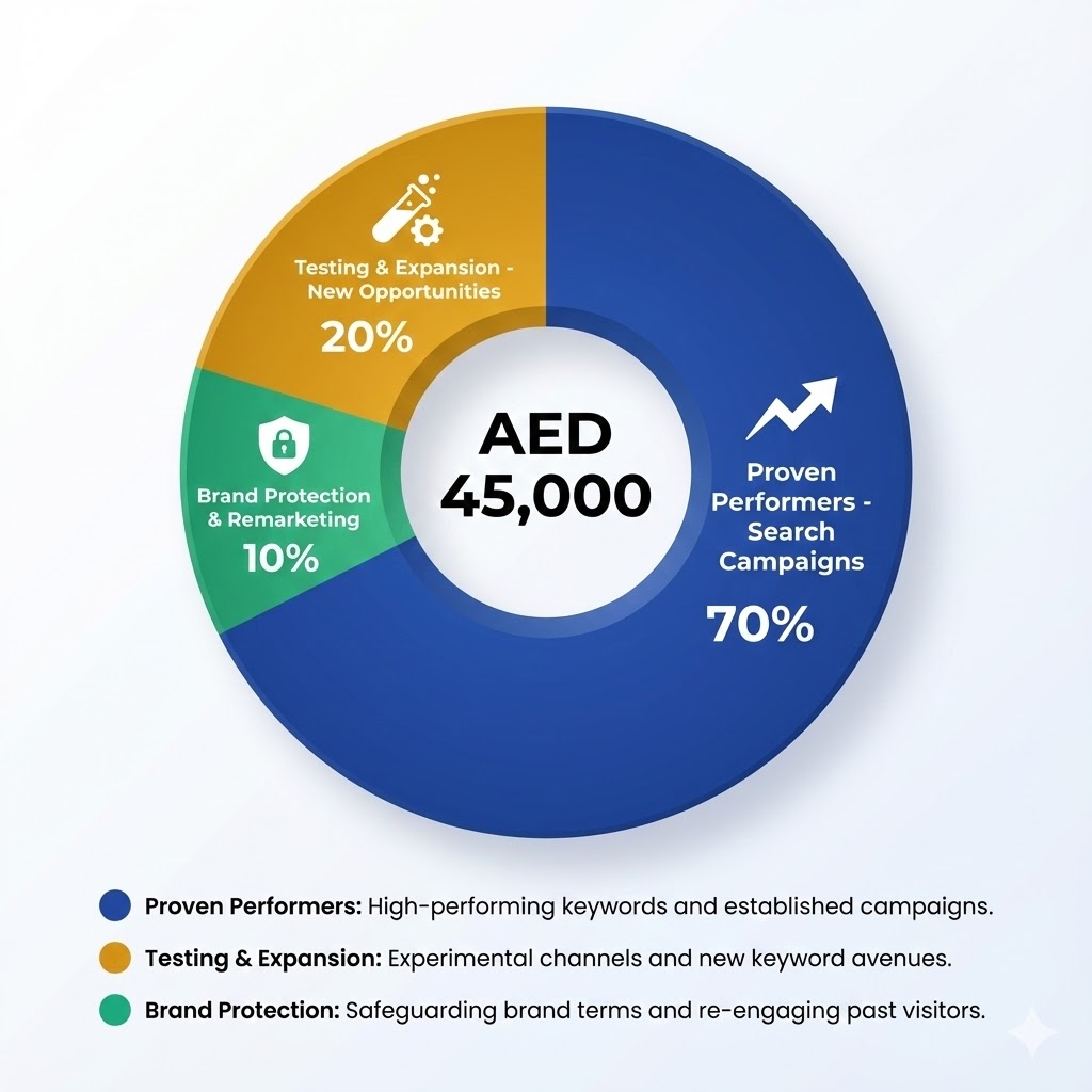 Pie chart showing 70-20-10 budget allocation framework for Google Ads - 70% proven performers, 20% testing, 10% brand protection - Dubai marketing strategy