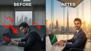 Dubai business transformation from invisible to visible on Google - before and after comparison showing frustrated business owner with declining graphs versus successful business owner with exponential growth graphs and Dubai skyline
