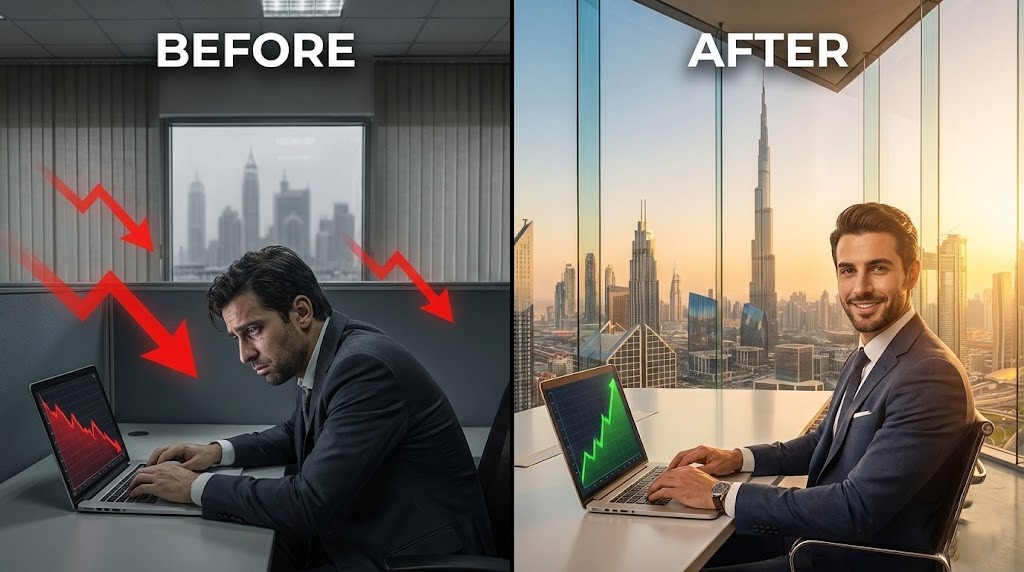 Dubai business transformation from invisible to visible on Google - before and after comparison showing frustrated business owner with declining graphs versus successful business owner with exponential growth graphs and Dubai skyline