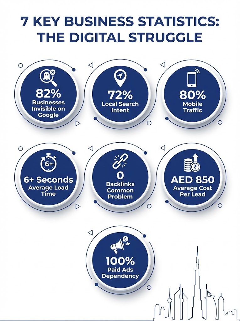 Why Your Dubai Business Is Invisible on Google (And How to Fix It in 90 Days) Infographic displaying 7 key Dubai digital marketing statistics: 82% businesses invisible on Google, 72% local search intent, 80% mobile traffic, 6 second average page load time, zero quality backlinks, AED 850 cost per lead, 100% paid advertising dependency