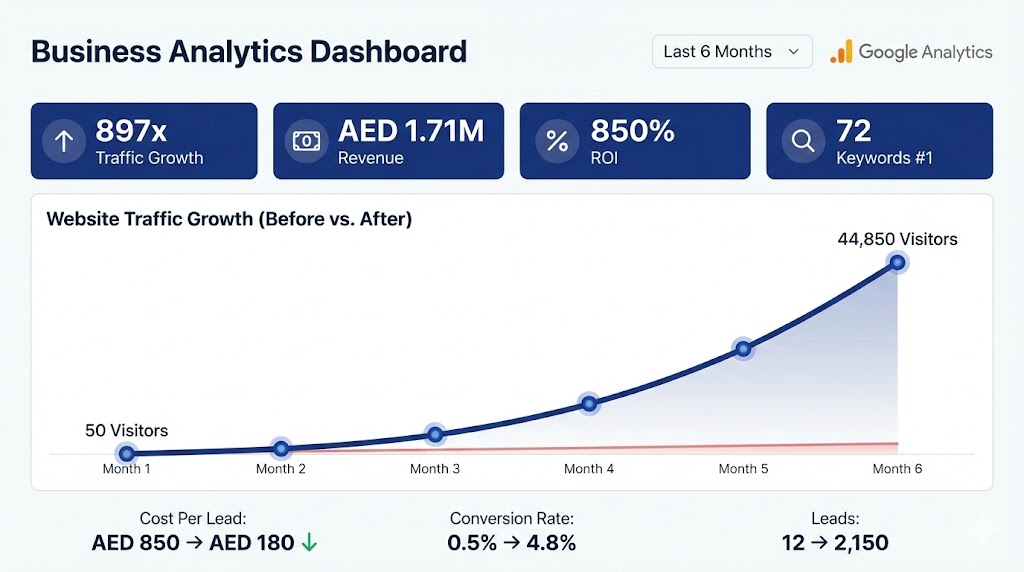 Why Your Dubai Business Is Invisible on Google (And How to Fix It in 90 Days) Analytics dashboard showing Dubai real estate case study results - 897x traffic growth from 50 to 44850 monthly visitors, AED 1.71 million revenue generated, 850% ROI, 72 keywords ranked number 1 on Google, cost per lead reduced from AED 850 to AED 180