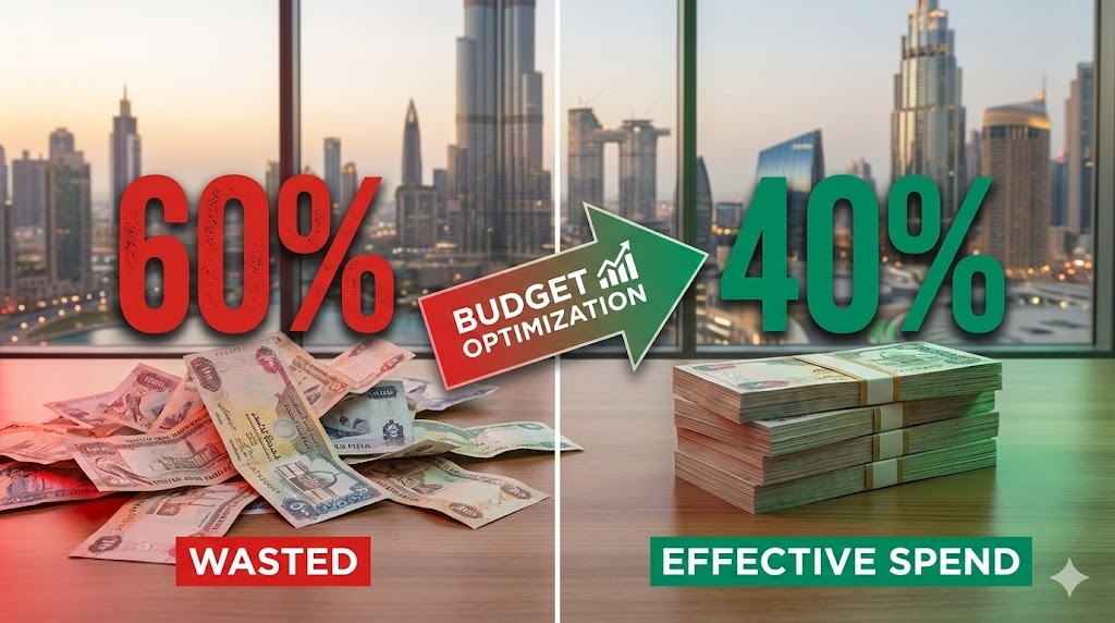 Visual comparison showing 60% wasted Google Ads budget versus 40% effective spend with AED currency - Dubai advertising optimization concept