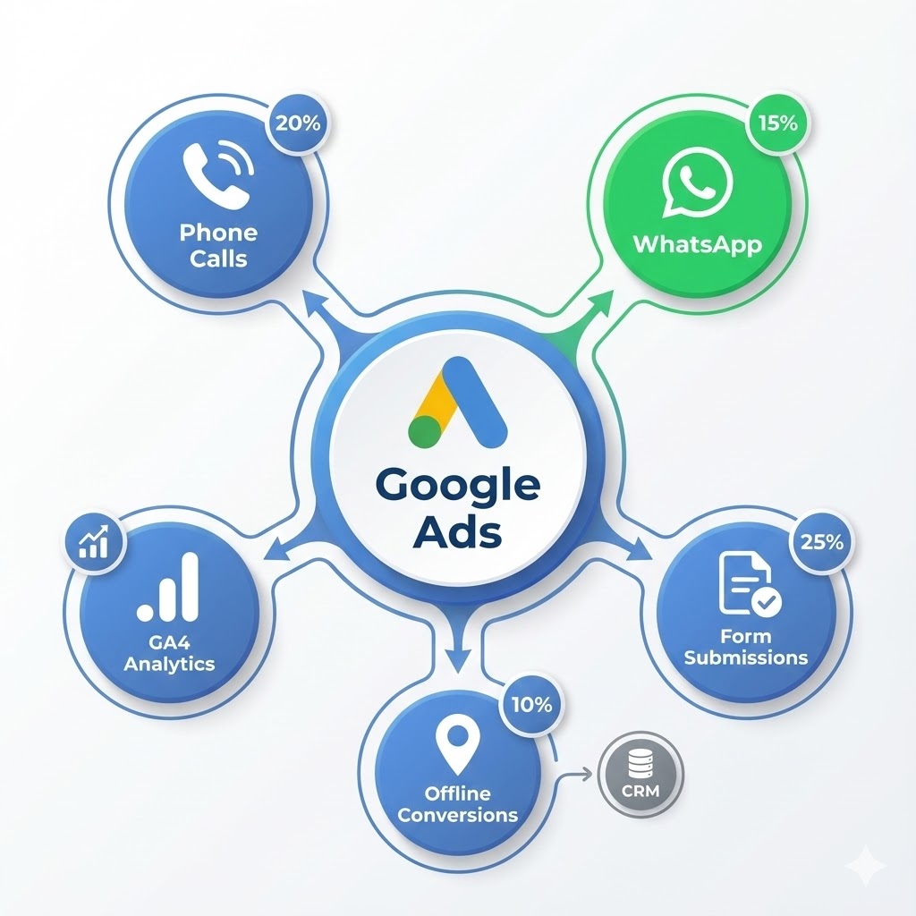 Conversion tracking ecosystem diagram showing Google Ads connected to phone calls, WhatsApp, offline conversions, forms, and GA4 analytics for comprehensive Dubai campaign measurement