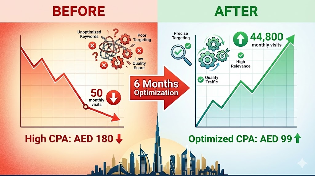Before and after comparison showing Google Ads optimization results - traffic increased from 50 to 44,800 monthly visits, CPA reduced from AED 180 to AED 99 in Dubai real estate campaign