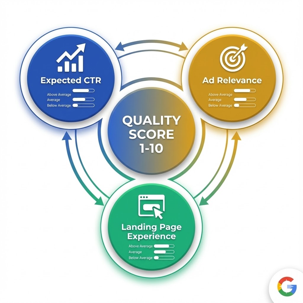 Quality Score components diagram showing Expected CTR, Ad Relevance, and Landing Page Experience as three interconnected factors rated above average to below average