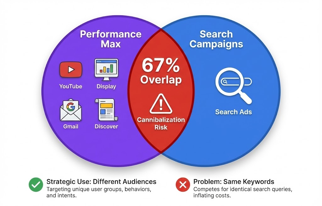 Venn diagram showing 67% overlap between Performance Max and Search campaigns causing budget cannibalization in Google Ads