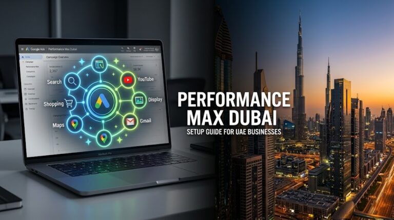 Performance Max Campaigns for Dubai Businesses: The Complete Setup Guide Performance Max campaign setup guide for Dubai businesses showing Google Ads dashboard and UAE skyline