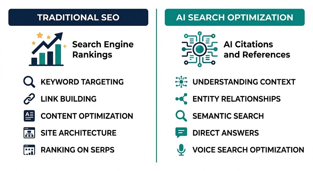 AI Search Optimization Dubai: Complete 2026 Guide (Proven Expert) Traditional SEO versus AI search optimization comparison chart Dubai businesses